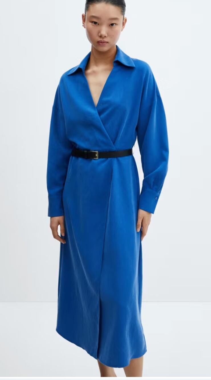 NWT Mango Royal Blue Shirt Dress Belted Midi Medium